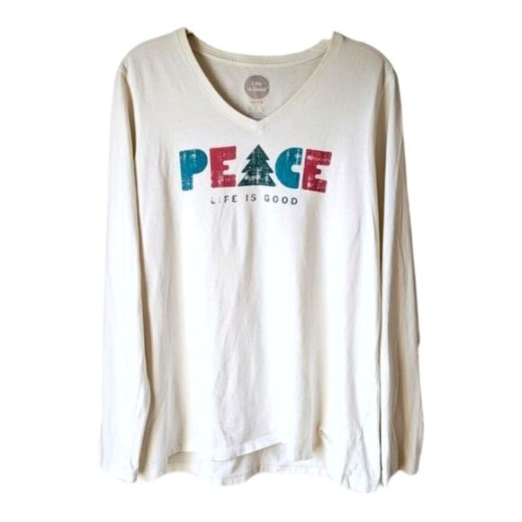 Life is Good Christmas Tree Peace Long Sleeve Soft Holiday‎ Tee Sz L - Picture 2 of 7